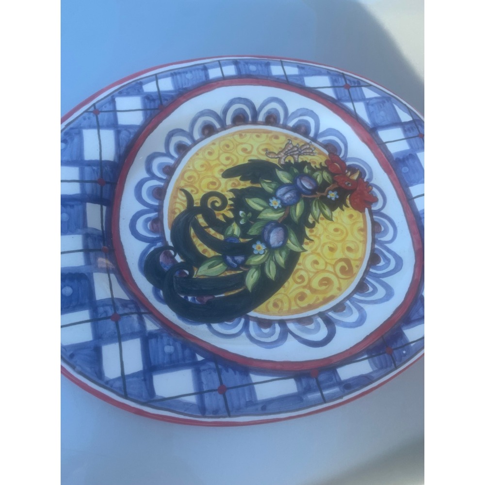 Ceramiche IMA Italy Hand Painted Ceramic Rooster Platter Blue White Checkered - Picture 2 of 7